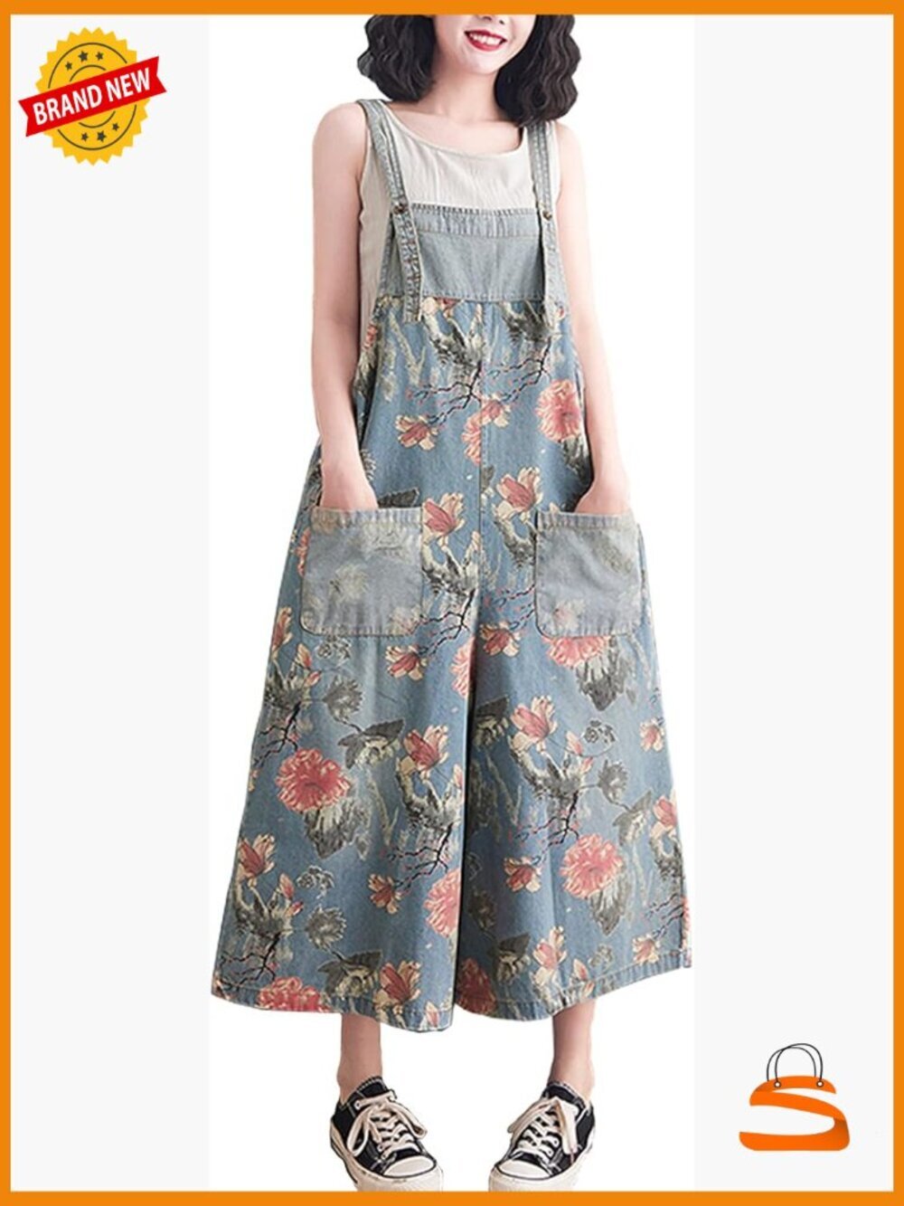 Loose Adjustable Straps Floral Denim Overalls Wide Leg Jumpsuit Romper